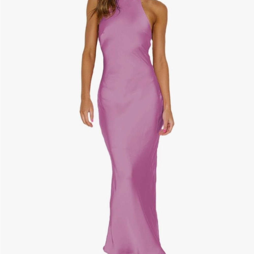 Pink Satin Halter Backless Maxi Dress